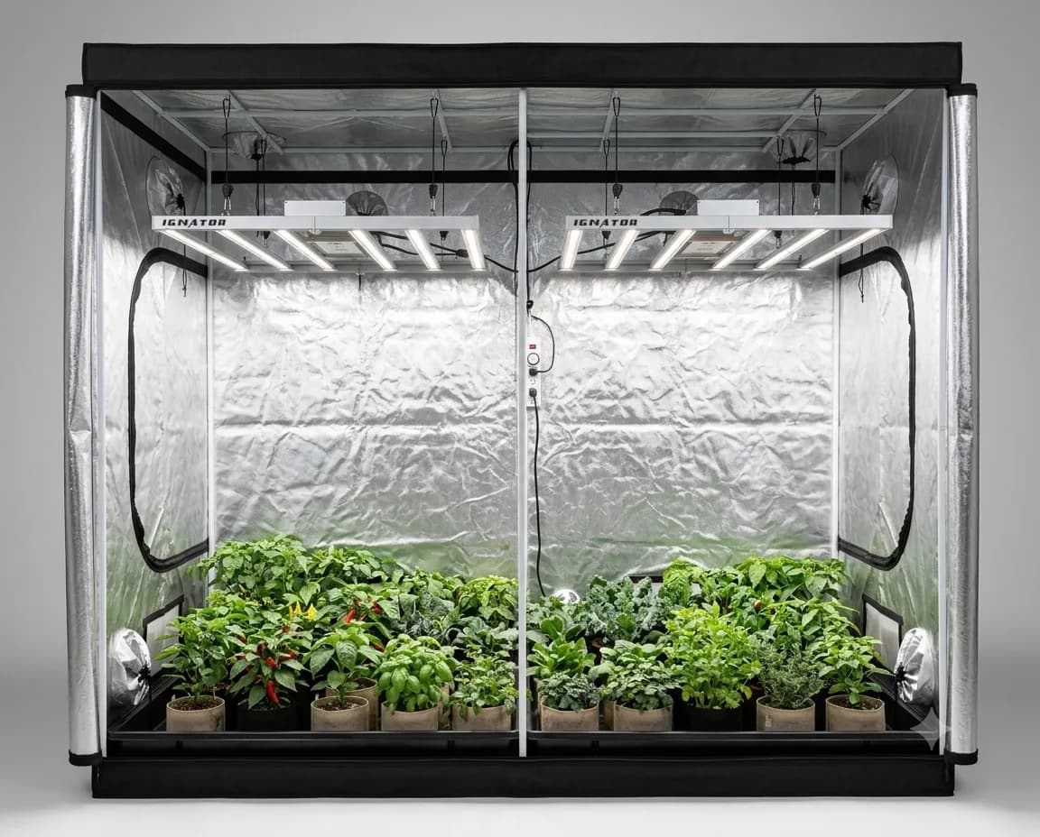 Cómo elegir un armario de cultivo según el espacio disponible Armario de cultivo interior con iluminación LED y plantas en macetas